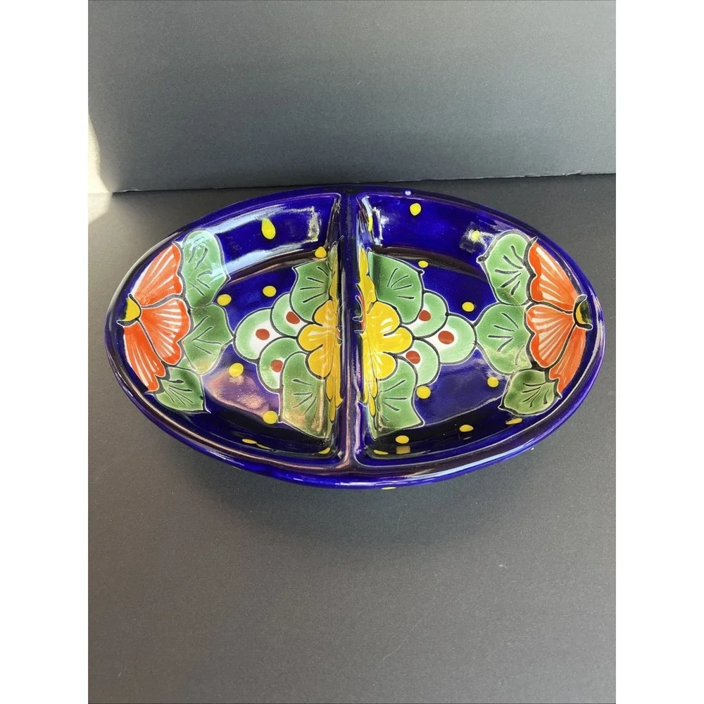 Talavera 2 Section Oval Multipurpose Lead Free Made Mexico Serving Dish Pottery